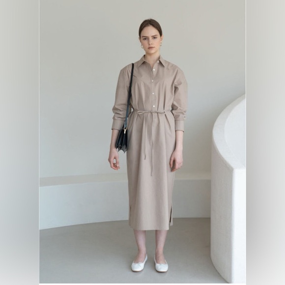 Button-Front Midi Shirt Dress in Beige - Picture 3 of 4